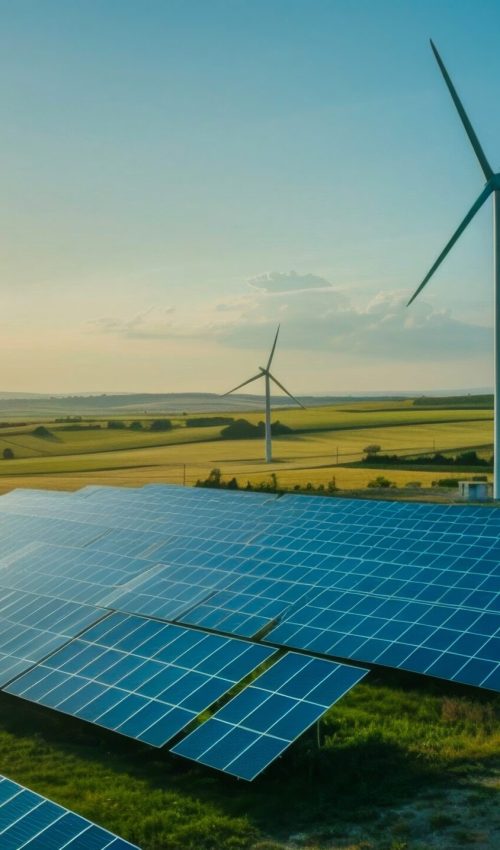 A serene landscape showcasing solar panels and wind turbines, symbolizing sustainable energy solutions and environmental conservation. Ideal for promoting renewable energy initiatives.
