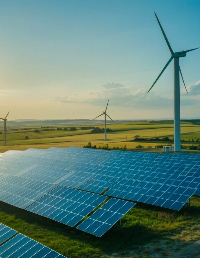 A serene landscape showcasing solar panels and wind turbines, symbolizing sustainable energy solutions and environmental conservation. Ideal for promoting renewable energy initiatives.