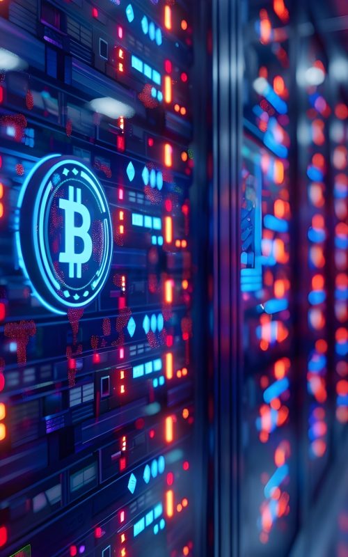 This image depicts a vast cryptocurrency mining farm featuring numerous server racks filled with high performance computer hardware The data center like environment showcases the extensive digital