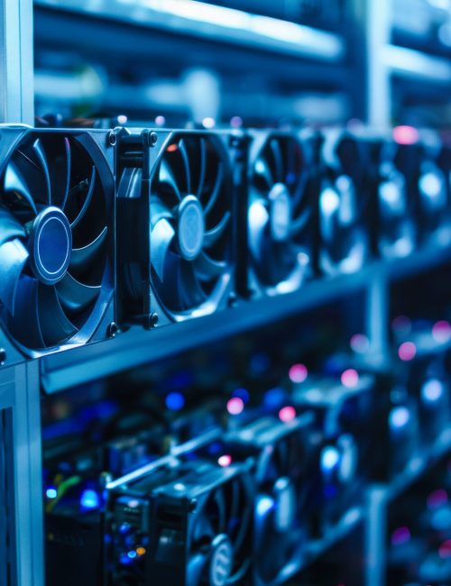 Cryptocurrency Mining Rigs in Data Center. Rows of cryptocurrency mining rigs in a data center, illustrating advanced technology and infrastructure involved in blockchain and digital currency mining.